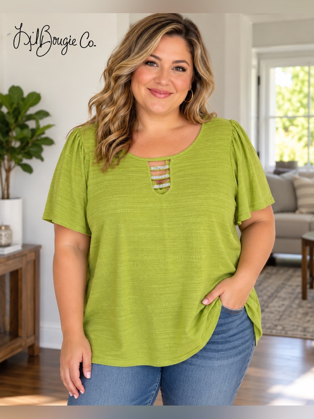 89th & Madison Lime Green Short Sleeve Top with Decorative Neck Straps